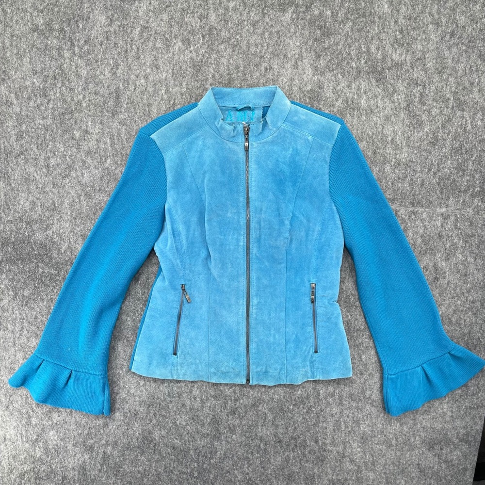 Amy Jacket Small Blue Leather Mixed Media Ruffle Cuff Zip 6177S